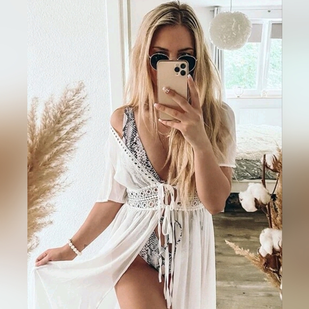* NEW Boho Crochet Lace Cover Up Dress Embroidered Long Maxi Tie White